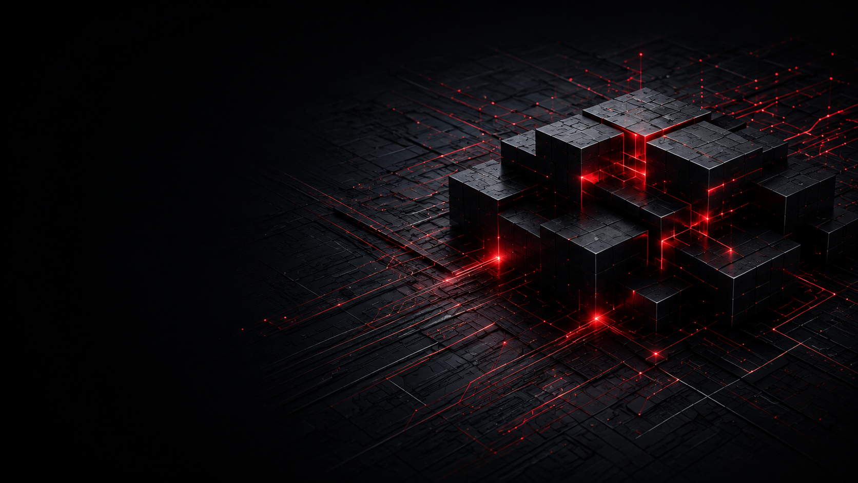 Connected modular technology architecture illuminated by red circuit pathways
