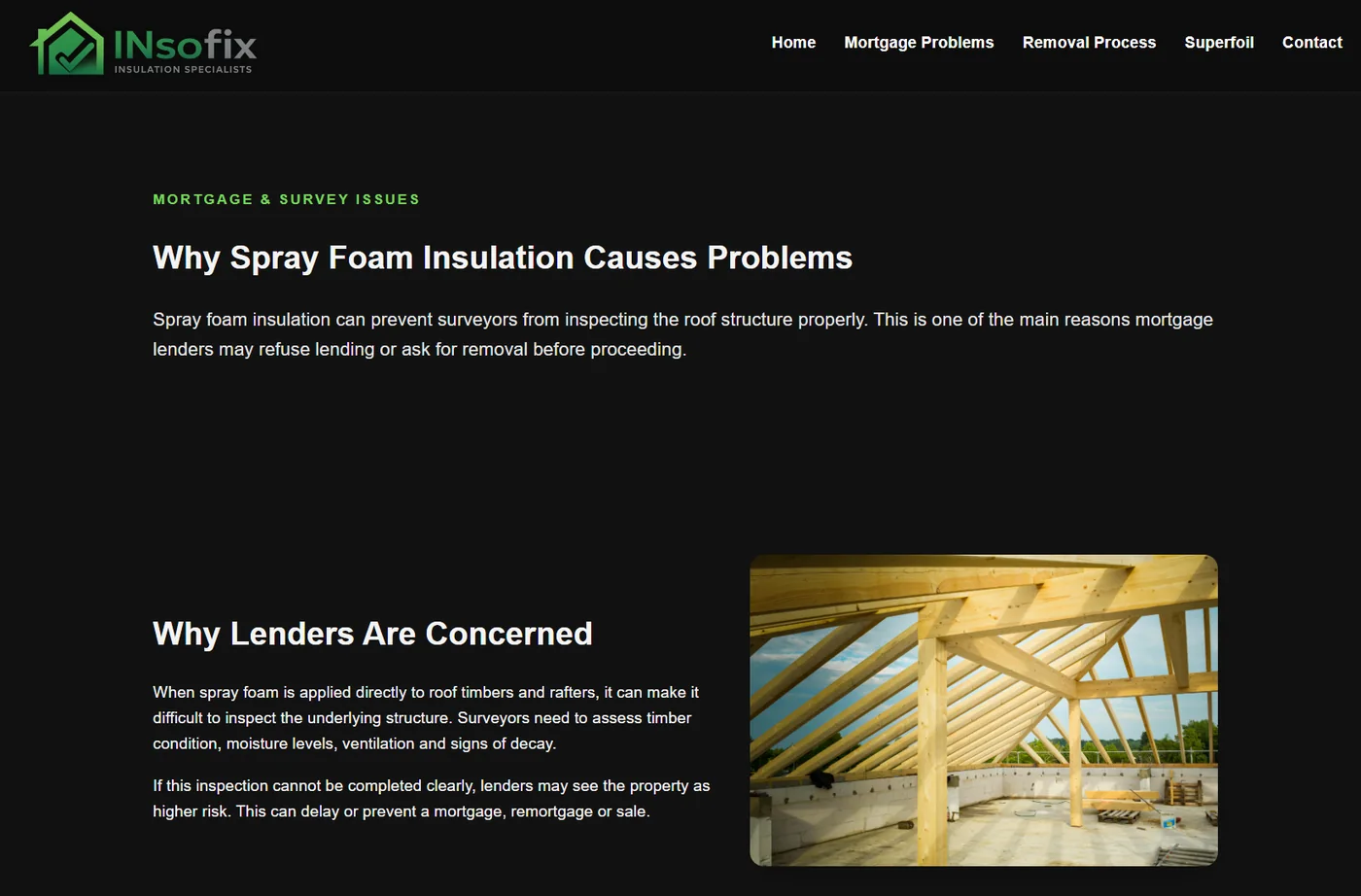 Insofix website showing its service navigation and spray foam information page