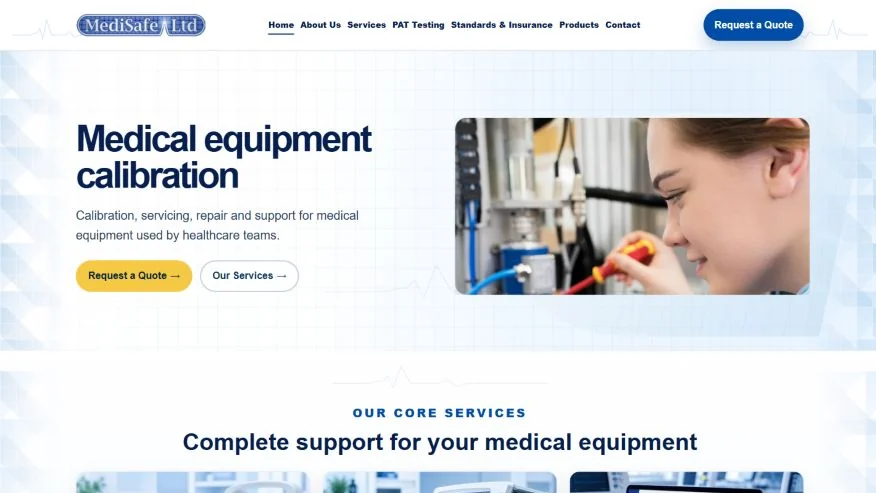 Medisafe website showing its medical equipment calibration service